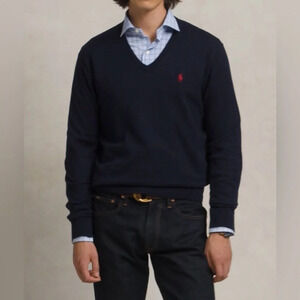 Polo Ralph Lauren Men’s V-Neck Lightweight Pima Cotton Sweater Sz L Navy